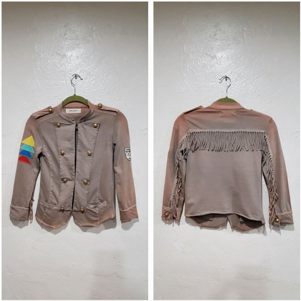 Bobo Choses Taupe Military-Style Fringe Jacket with Colorful Sleeve Patches
